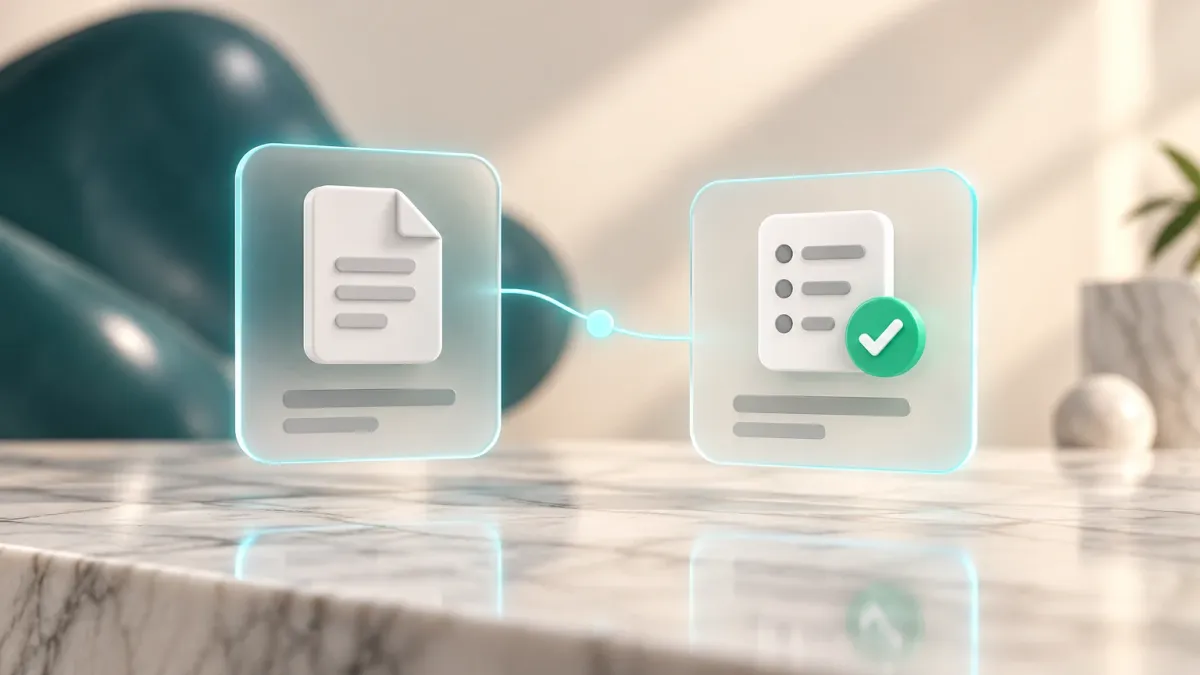 3D-Illustration einer Checkliste mit grünem Haken neben einem Datei-Symbol, verbunden durch leuchtende Linien
