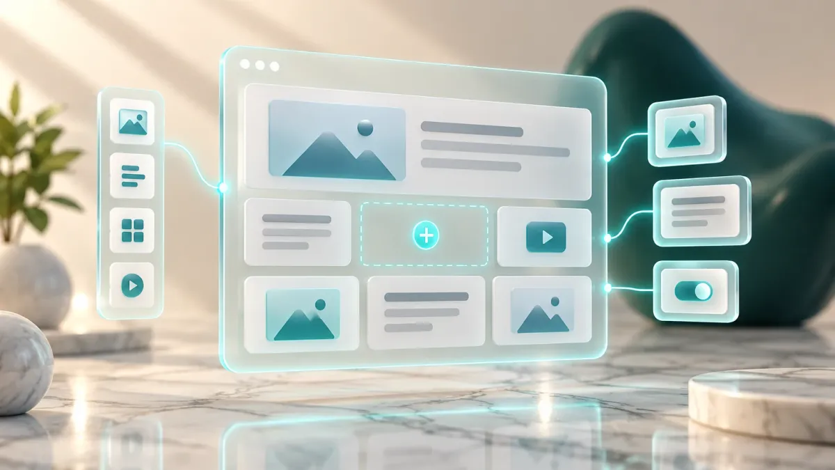 3D-Illustration eines Baukasten-Layouts aus Glaskarten mit Bild- und Textblöcken