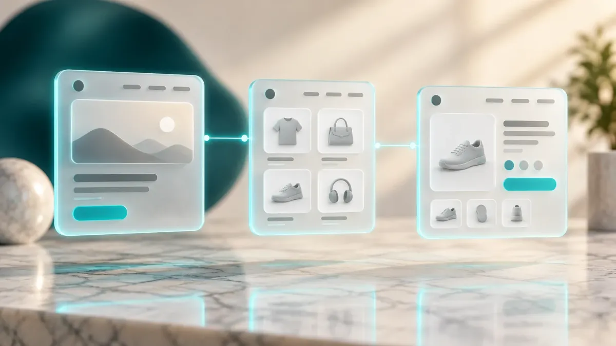 3D-Illustration dreier unterschiedlicher Seitenlayouts als Glaskarten, verbunden durch leuchtende Linien