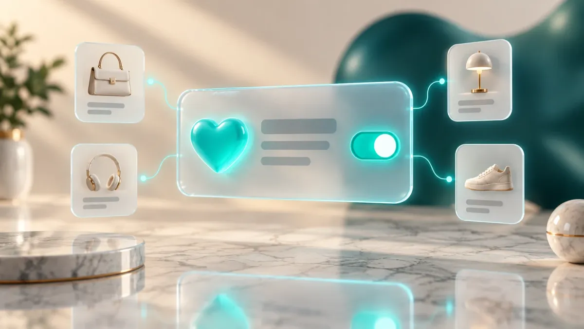 3D-Illustration einer Produktkarte mit leuchtendem Herz in der Ecke und einem eingeschalteten Schalter