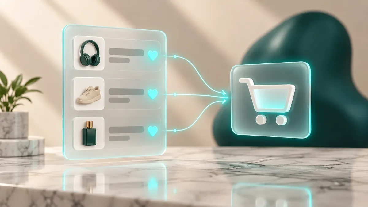 3D-Illustration einer Listenkarte mit mehreren gemerkten Produktwürfeln und einem Warenkorb-Symbol