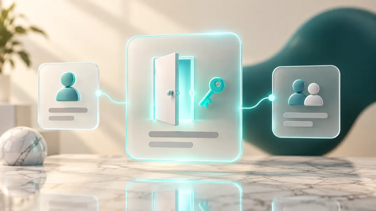 3D-Illustration einer offenen Tür neben einem kleinen Schlüssel auf einer Glaskarte