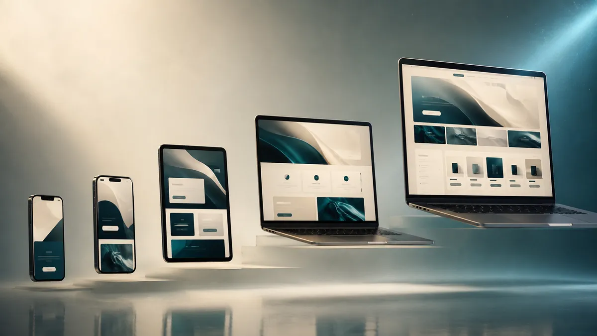 Smartphone, Tablet, Laptop und MacBook in aufsteigender Größe nebeneinander schwebend, je eine Website auf dem Bildschirm, Sinnbild für die Preis-Stufen eines Website-Relaunchs vom schlanken Auftritt bis zum Online-Shop