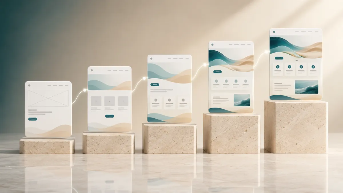 Fünf aufsteigende Website-Mockups auf Sockeln zeigen die fünf Phasen eines Website-Relaunchs: Vorbereitung, Inhalte und SEO, Design und Technik, Go-Live und die Zeit nach dem Launch