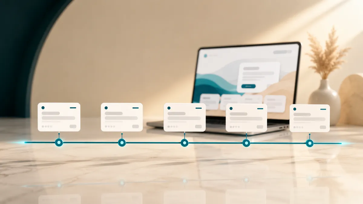 Zeitstrahl eines Website-Relaunch-Projekts mit fünf Meilensteinen von der Planung über Design und Umsetzung bis zum Go-Live