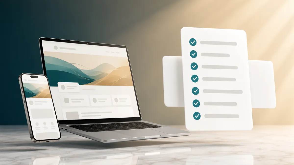 Laptop und Smartphone mit einer Website, daneben eine Checkliste mit sieben grünen Häkchen als Symbol für die sieben Schritte der GEO-Optimierung