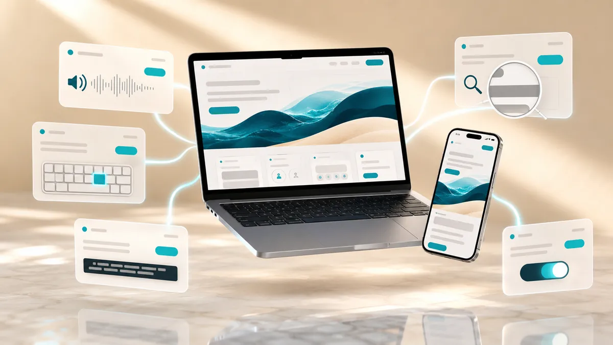 Barrierefreie Website auf Laptop und Smartphone mit Hilfsmitteln: Screenreader, Tastatur-Bedienung, Lupe, Untertitel und Kontrast-Schalter
