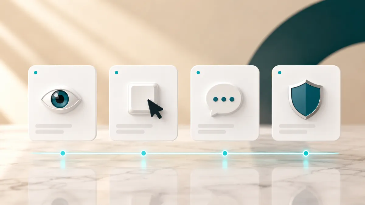 Die vier Prinzipien barrierefreier Websites als Icons: Auge (wahrnehmbar), Cursor (bedienbar), Sprechblase (verständlich) und Schild (robust)