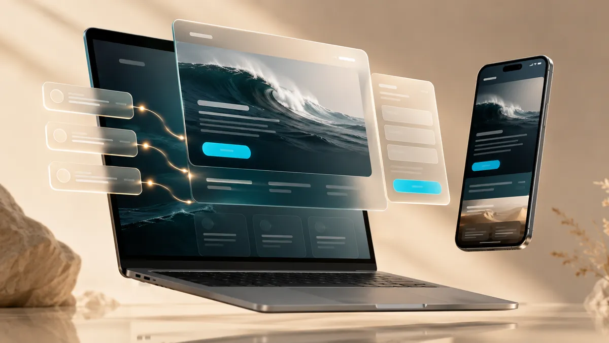 Vergleich als Schaubild: links eine Website mit vielen Bereichen, Menüpunkten und Elementen, rechts eine fokussierte Landingpage mit nur einem blauen Button als Call-to-Action