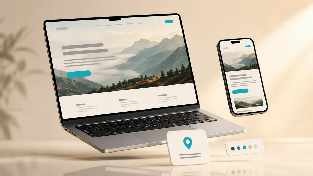 Professionelle, responsive Website einer Webagentur aus NRW auf Laptop und Smartphone, mit Standort-Marker als Symbol für die regionale Nähe.