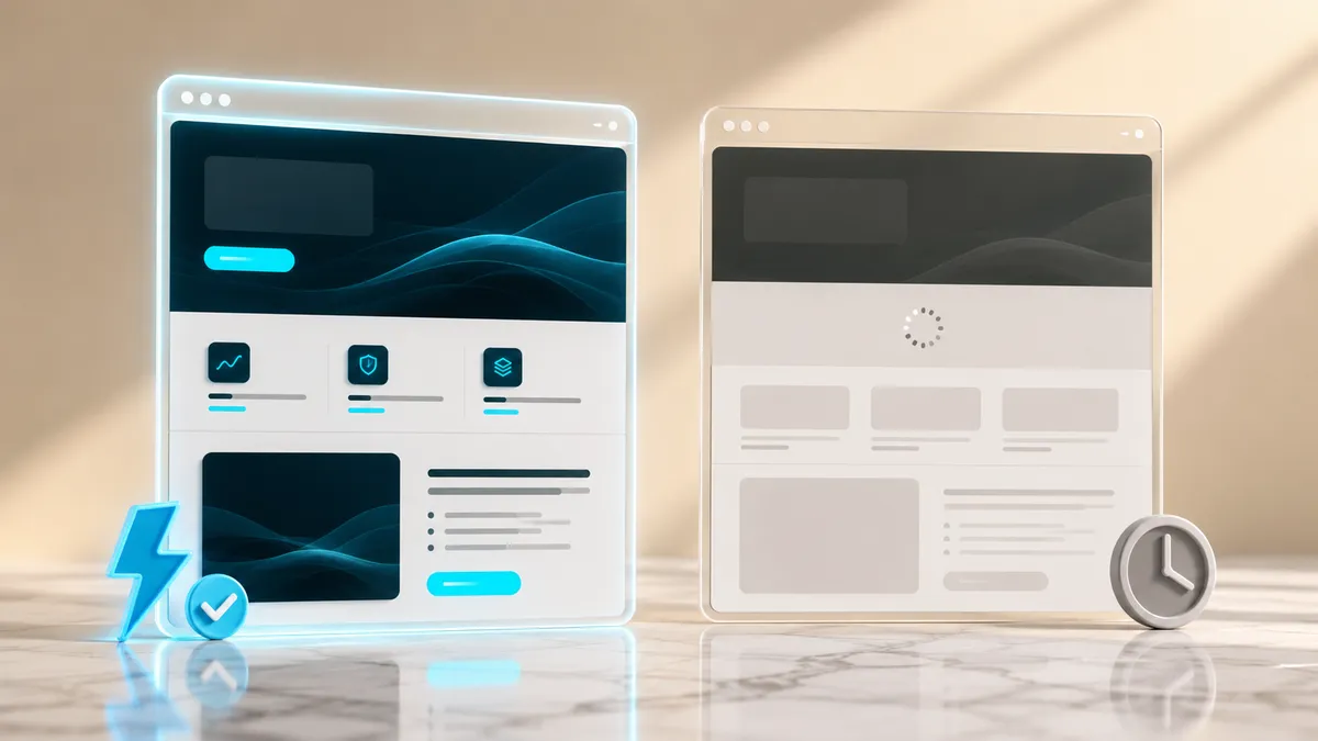 Zwei Webseiten im Vergleich: links eine fertig geladene, schnelle Astro-Seite mit Blitz-Symbol und Haken, rechts eine langsam ladende Seite mit Lade-Spinner und Uhr