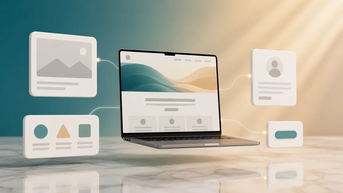 Bausteine einer Website für kleine Unternehmen: ein Laptop mit Startseite, umgeben von schwebenden Karten für Bild, Leistungen, Über uns und Kontakt