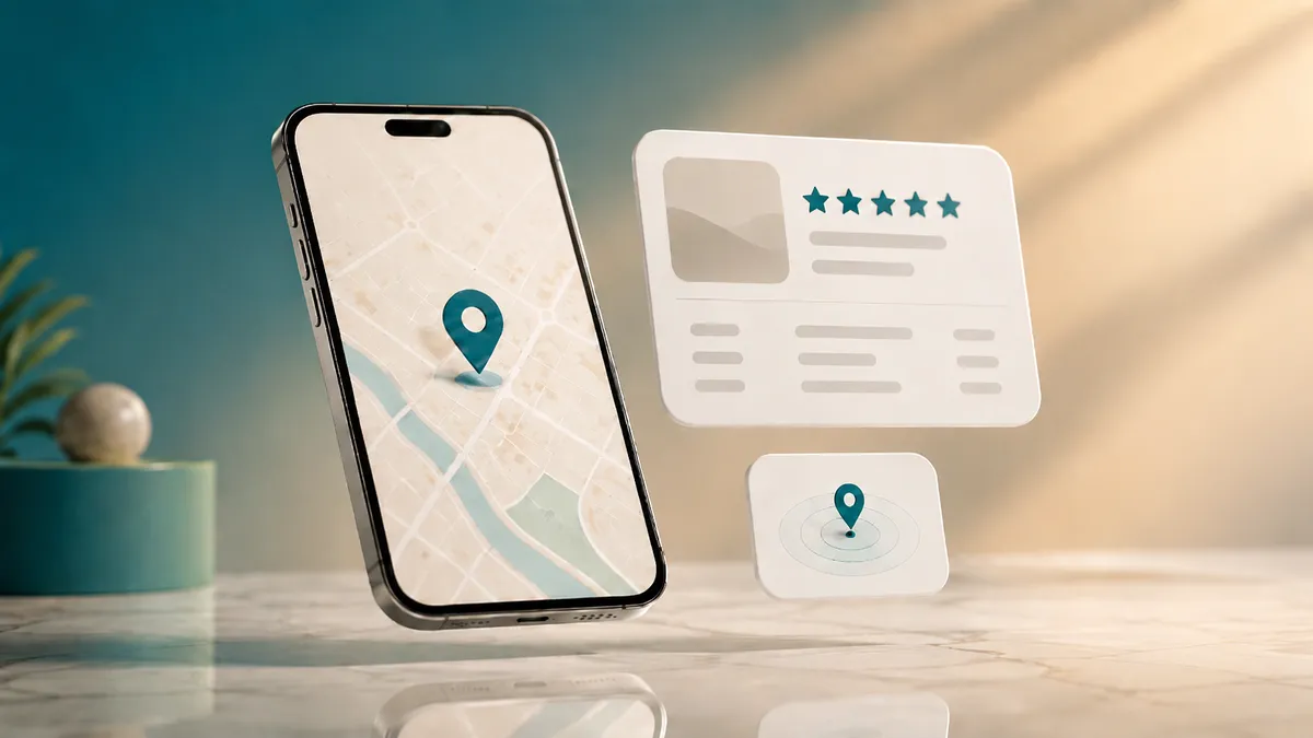 Smartphone mit Kartenansicht und Standort-Pin neben einer Bewertungskarte mit fünf Sternen als Sinnbild für lokale Sichtbarkeit über ein Google-Unternehmensprofil