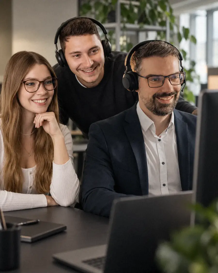 Drei Teammitglieder von COOKIE Design mit Headsets vor dem Monitor im Büro in Soest